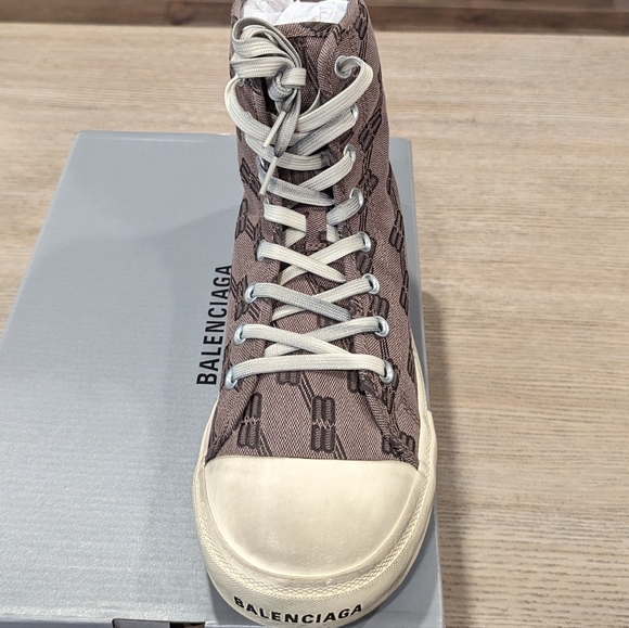 Men's Balenciaga Distressed Monogram High-Top Sneakers Gray/Brown - Picture 2 of 7